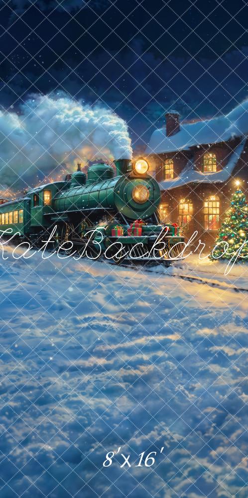 Kate Train Christmas Tree Snow Night Backdrop Designed by Chain - Kate Backdrop AU