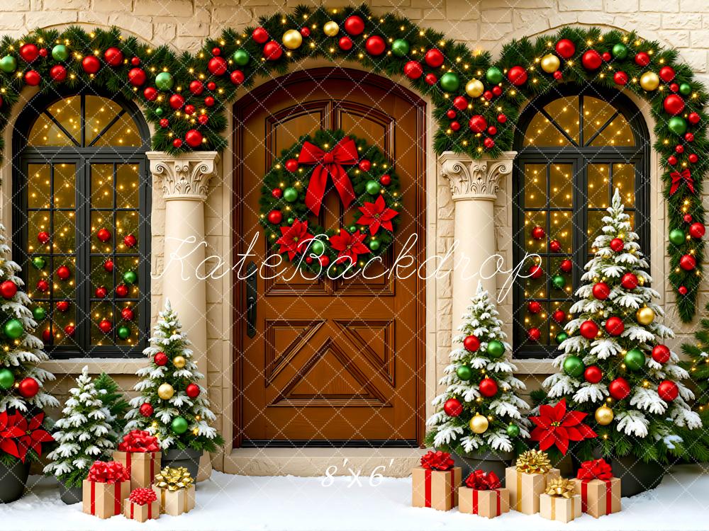 Kate Christmas Wreath Snowy Trees Backdrop Designed by Mini MakeBelieve - Kate Backdrop AU
