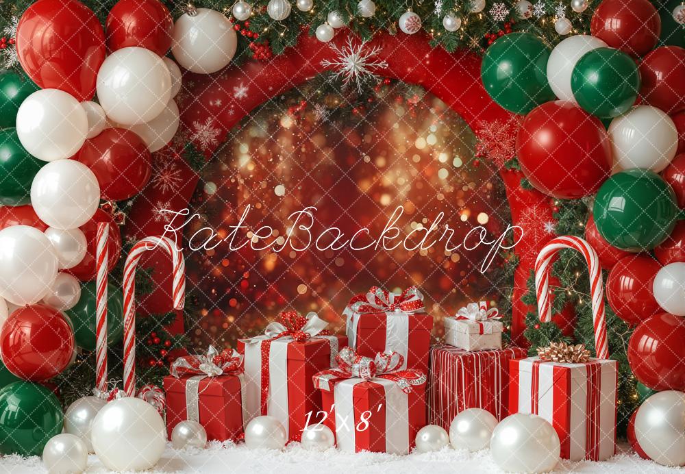 Kate Red Christmas Presents Balloons Bokeh Fleece Backdrop Designed by Emetselch