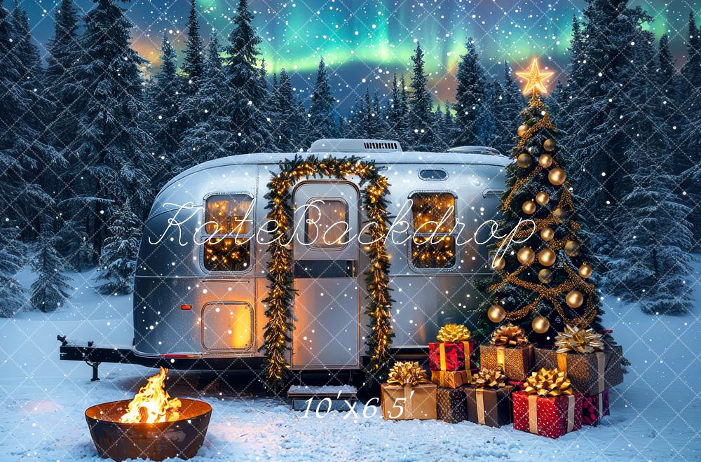 Kate Christmas Caravan Tree Aurora Snow Backdrop Designed by Mini MakeBelieve - Kate Backdrop AU