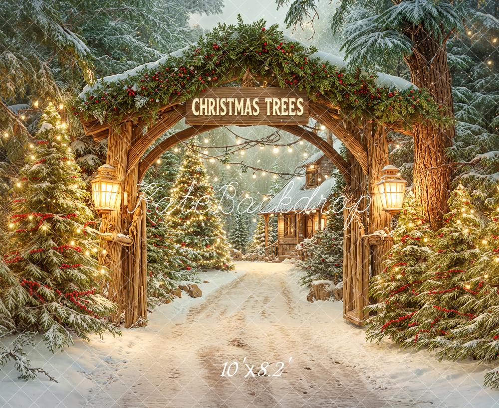 Kate Christmas Trees Wooden Arch Snowy Backdrop Designed by Emetselch