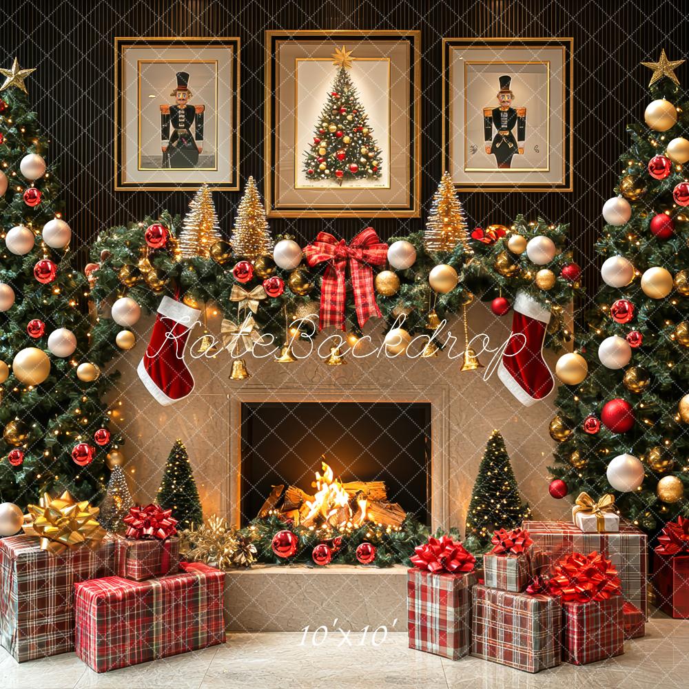 Kate Christmas Fireplace Trees Presents Backdrop Designed by Mini MakeBelieve - Kate Backdrop AU