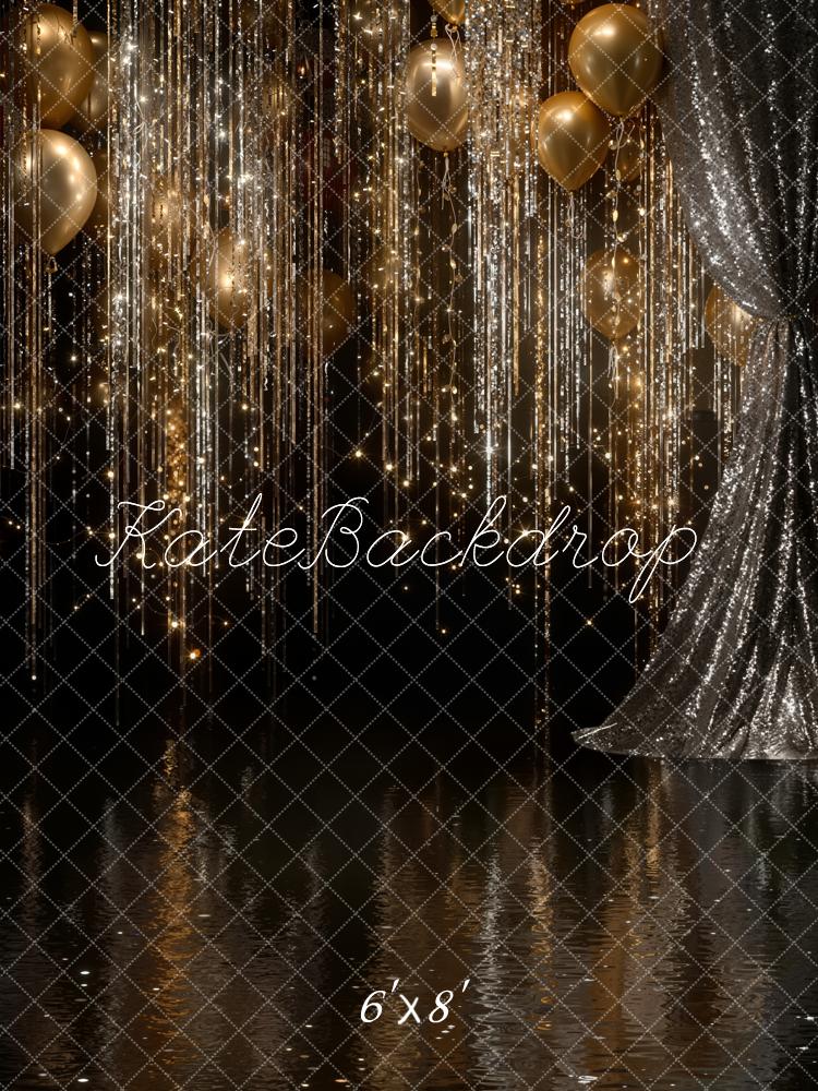 Kate Gold Balloons Glitter Streamers Silver Curtains Backdrop Designed by Emetselch