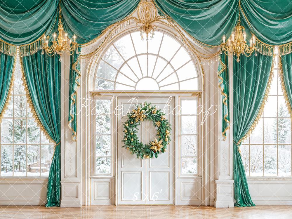 Kate Christmas Green Curtains Windows Backdrop Designed by Emetselch - Kate Backdrop AU