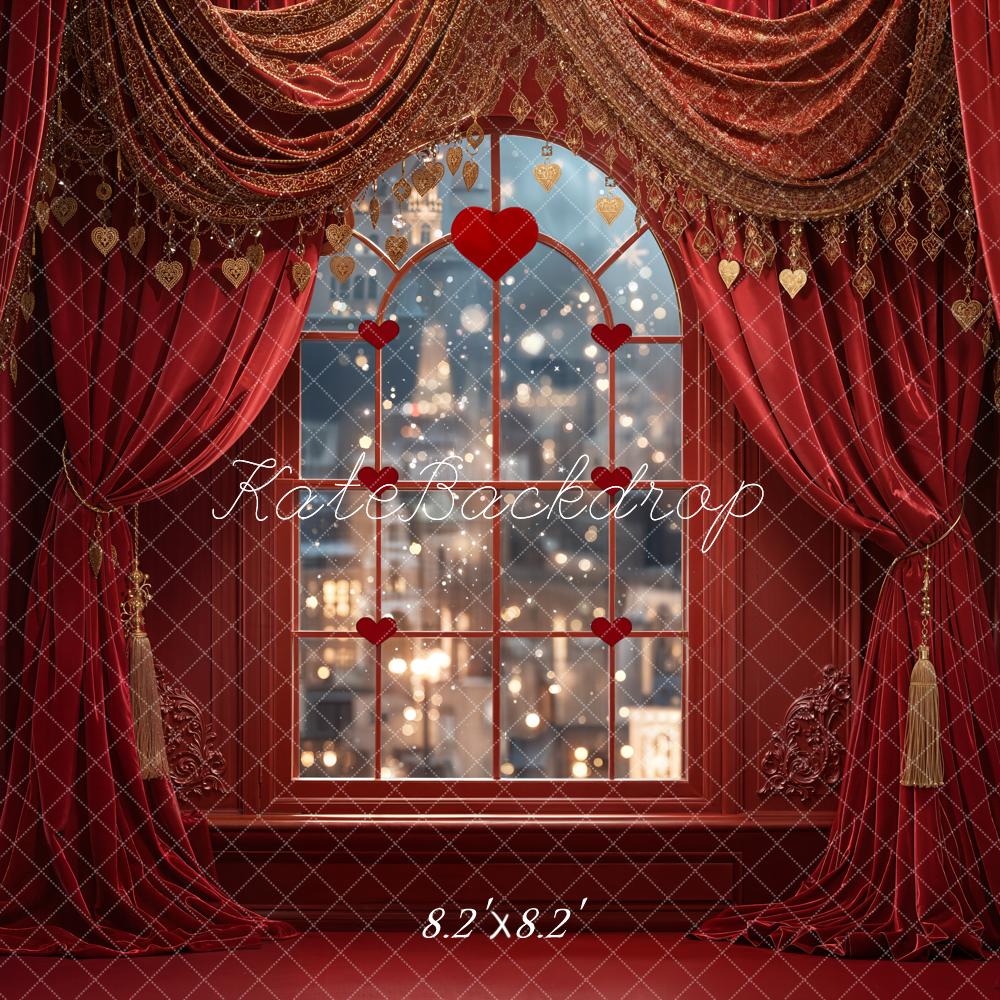 Kate Valentine Red Curtains Heart Window Backdrop Designed by Emetselch