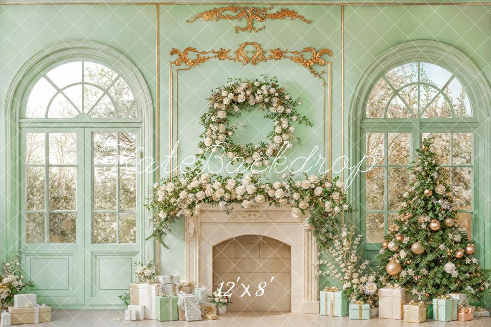 Kate Christmas Fireplace Floral Green Fleece Backdrop Designed by Emetselch - Kate Backdrop AU