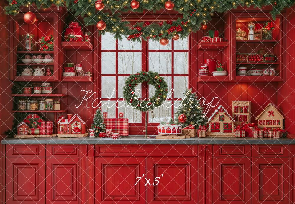 Kate Christmas Red Kitchen Garland Window Backdrop Designed by Emetselch