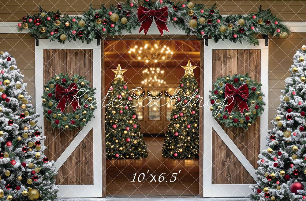 Kate Christmas Barn Door Trees Garland Backdrop Designed by Mini MakeBelieve - Kate Backdrop AU