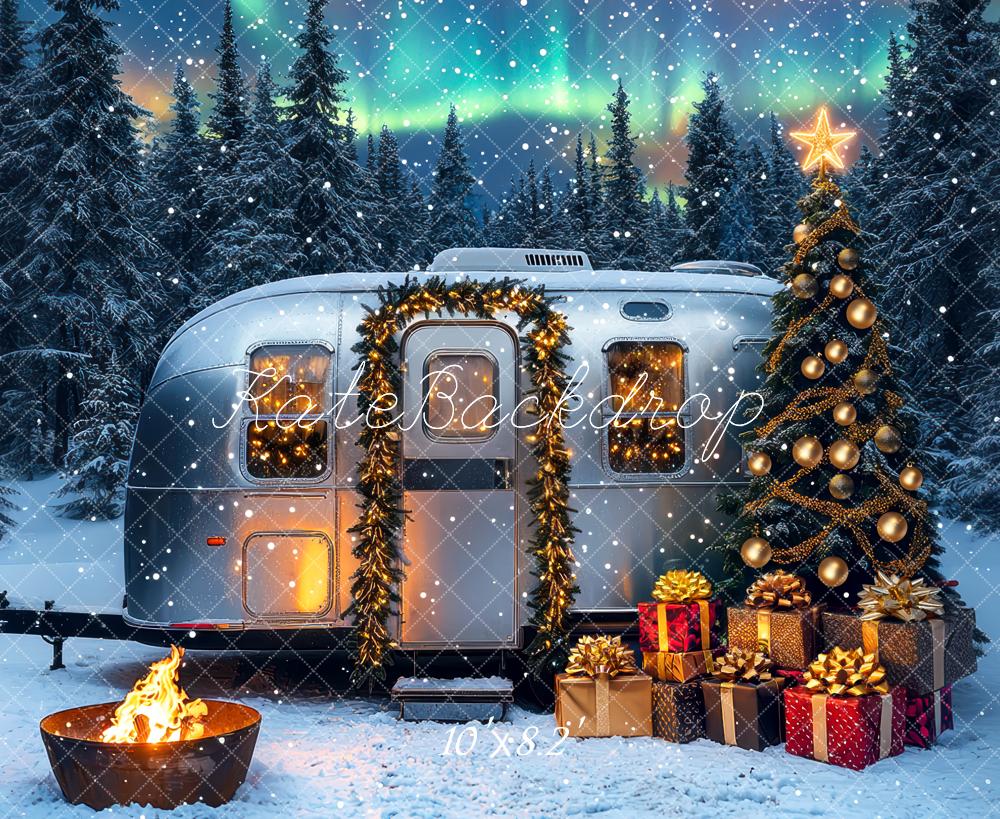 Kate Christmas Caravan Tree Aurora Snow Backdrop Designed by Mini MakeBelieve - Kate Backdrop AU