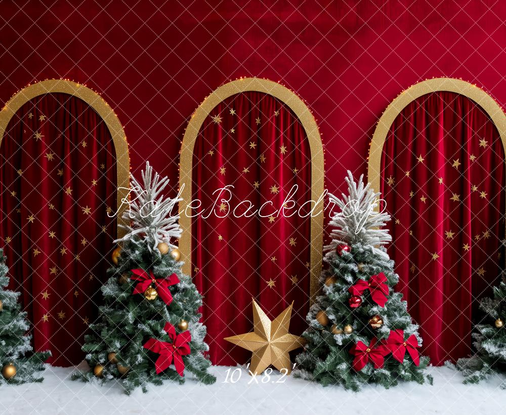 Kate Christmas Trees Red Curtain Backdrop Designed by Patty Roberts - Kate Backdrop AU