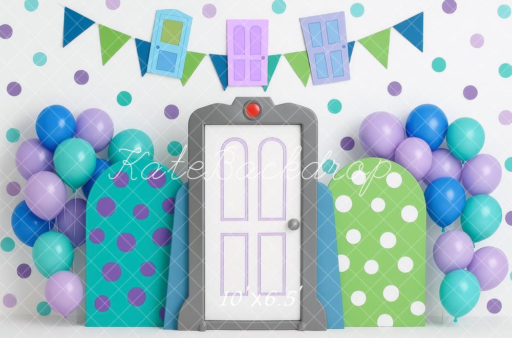 Kate Cartoon Doors Bunting Balloons Polka Dots Backdrop Designed by Mini MakeBelieve