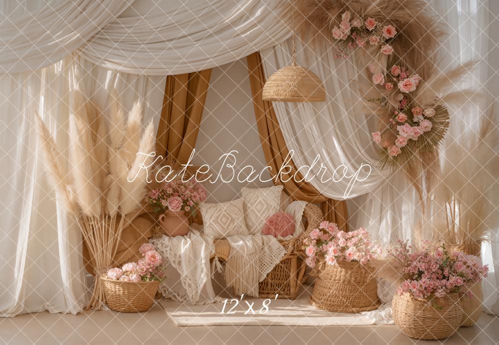 Kate Boho Pampas Grass Pink Flowers Fleece Backdrop Designed by Emetselch