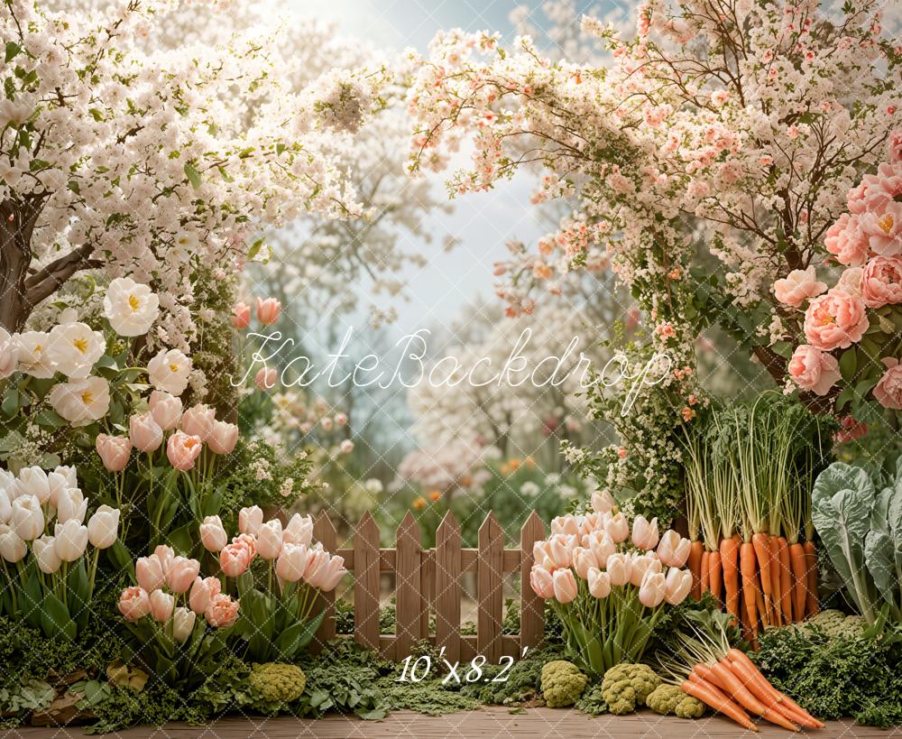 Kate Spring Blossoms Tulips Carrots Fence Backdrop Designed by Emetselch