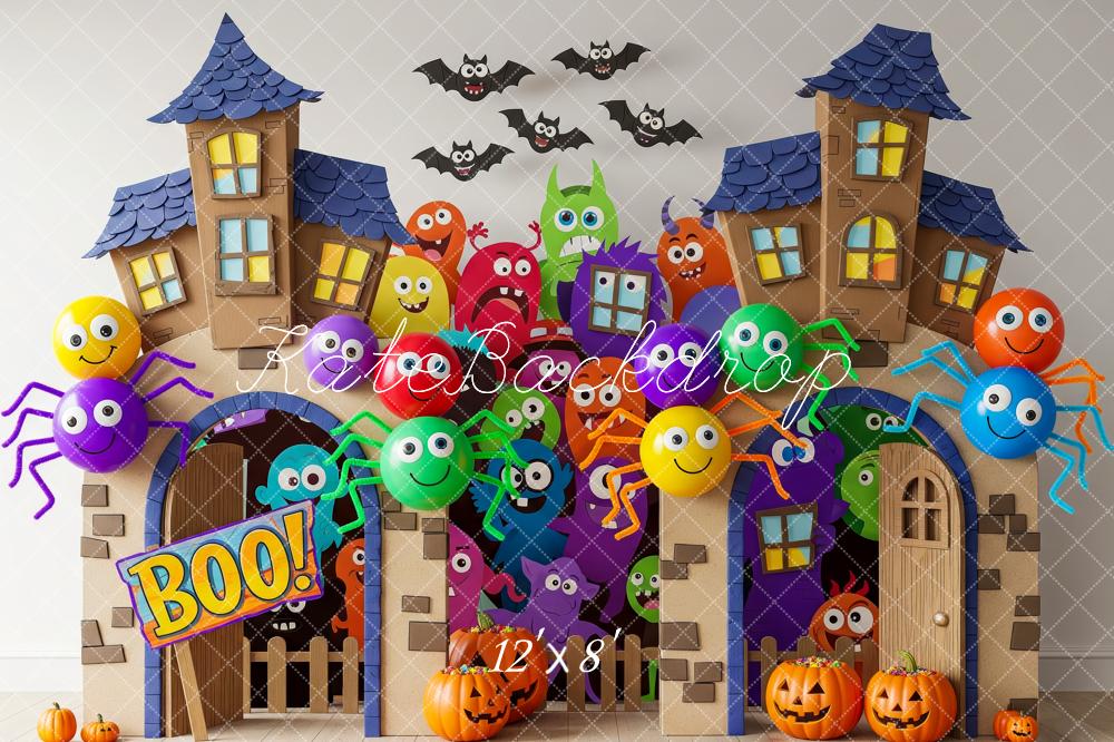 Kate Halloween Haunted House Backdrop Cartoon Monsters Spiders Pumpkins Designed by Patty Roberts