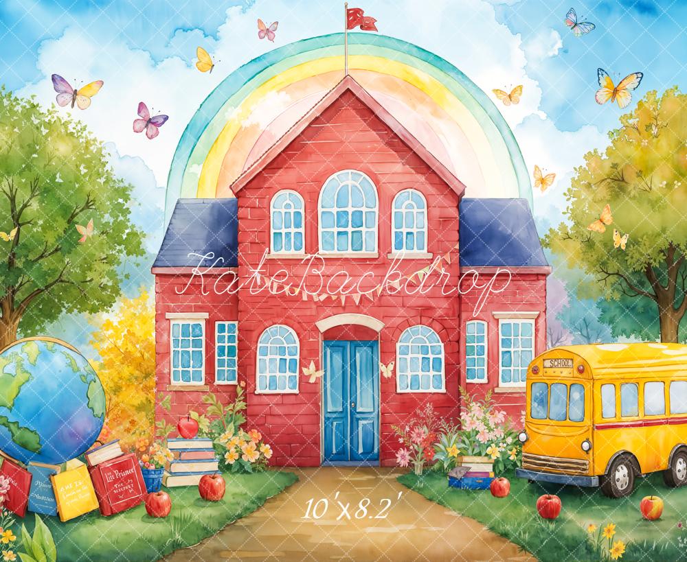 Kate Red Schoolhouse Rainbow Bus Backdrop Designed by Emetselch - Kate Backdrop AU