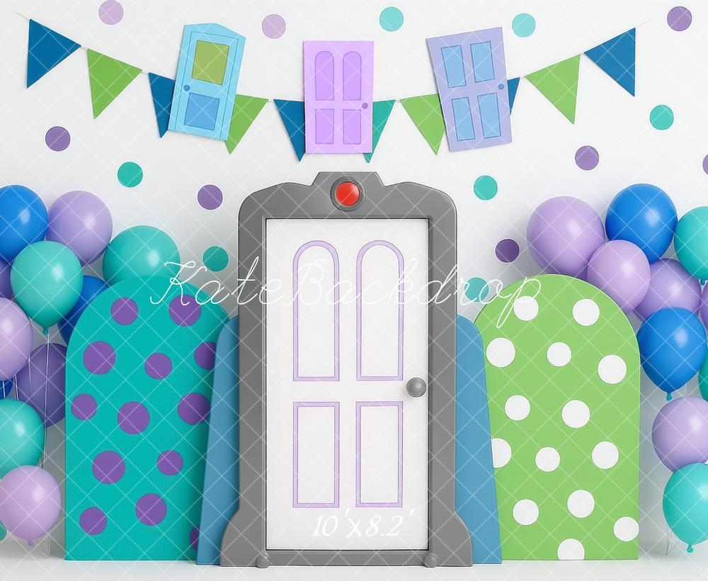 Kate Cartoon Doors Bunting Balloons Polka Dots Backdrop Designed by Mini MakeBelieve