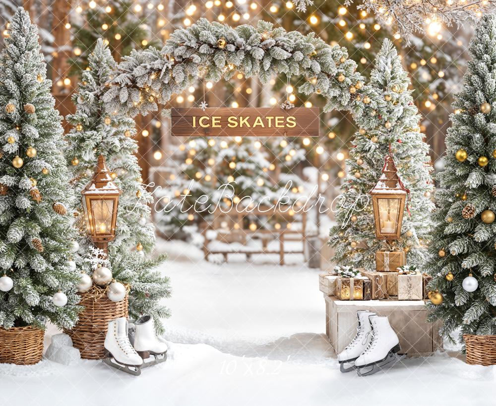 Kate Ice Skates Snowy Christmas Trees Arch Backdrop Designed by Emetselch - Kate Backdrop AU