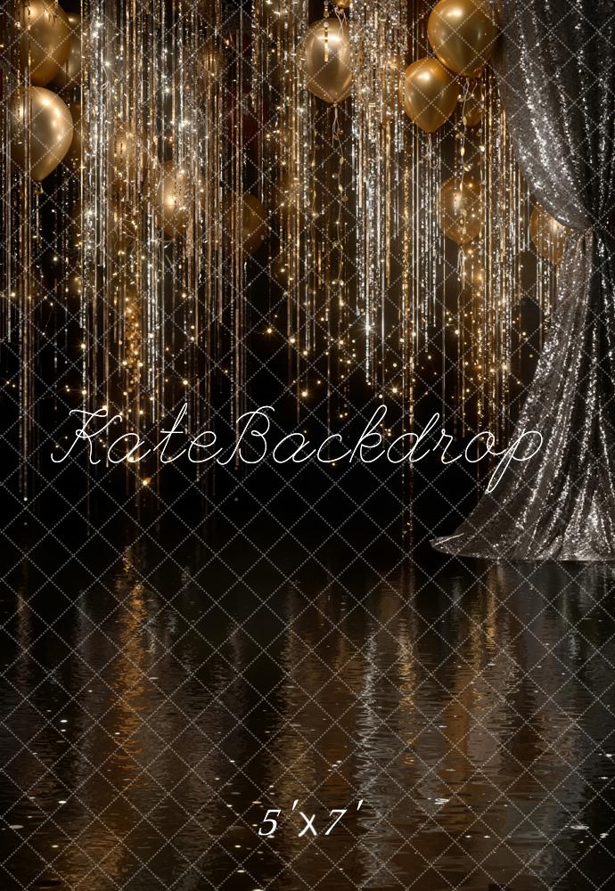 Kate Gold Balloons Glitter Streamers Silver Curtains Backdrop Designed by Emetselch