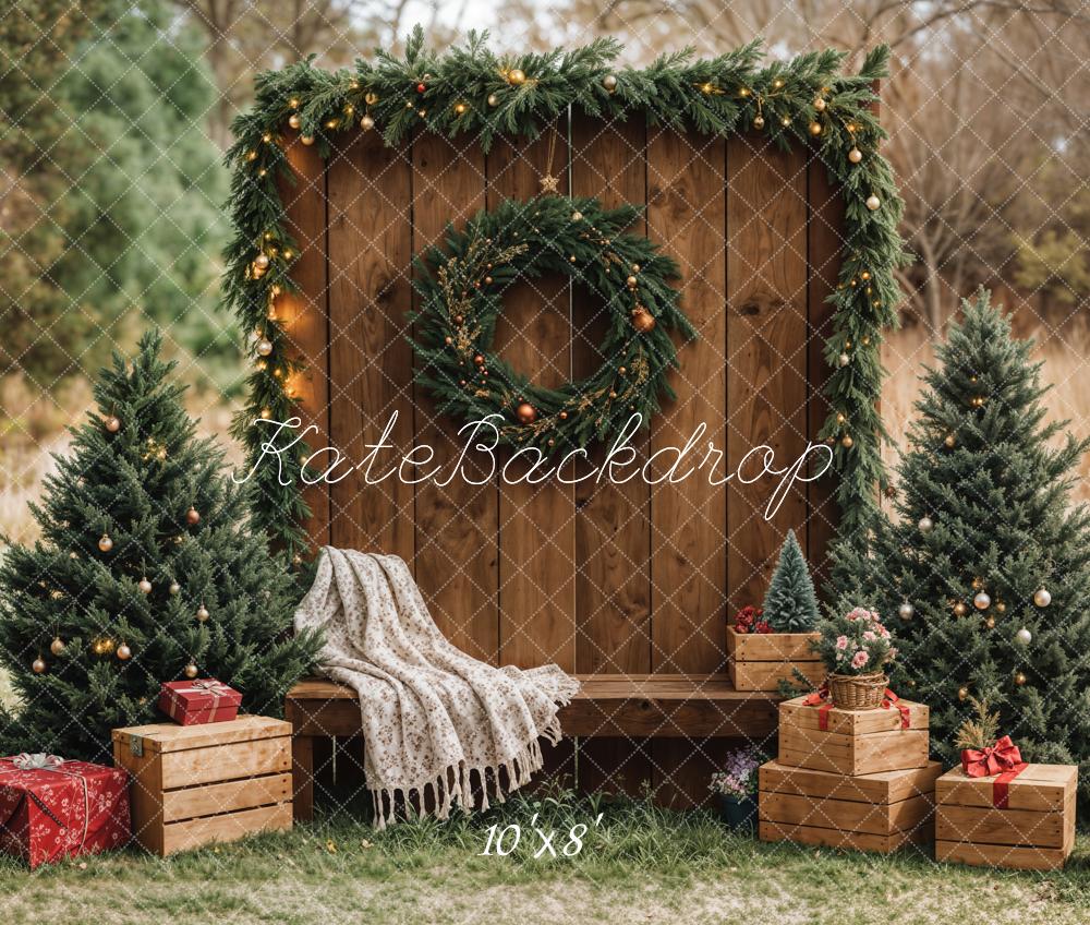 Kate Christmas Tree Garland Wooden Wall Fleece Backdrop Designed by Emetselch