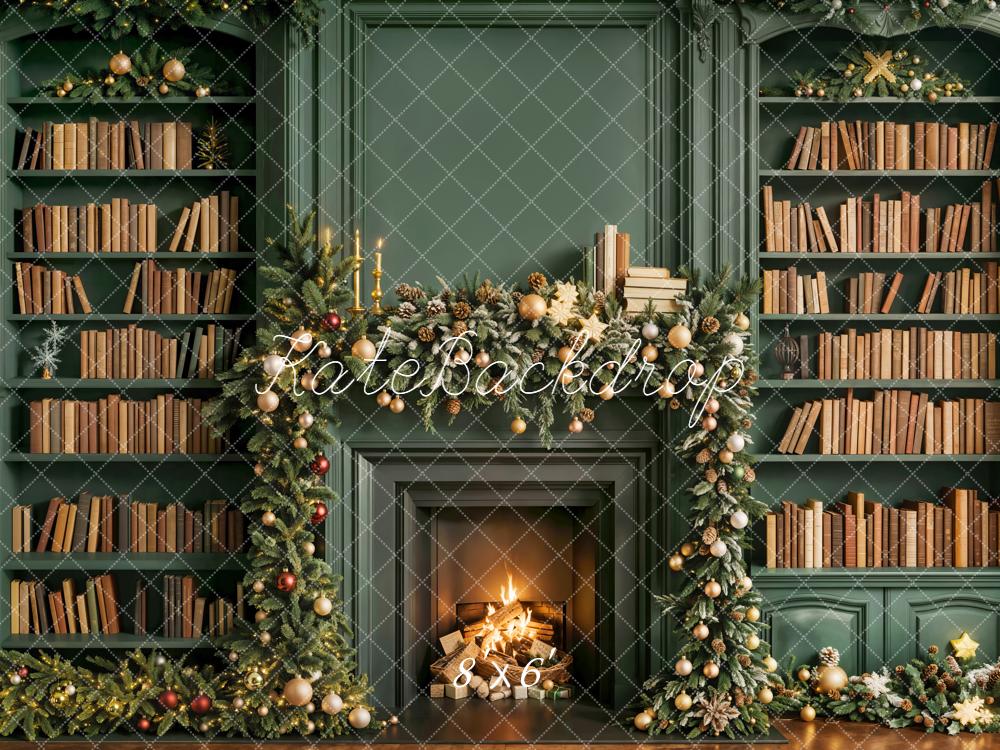 Kate Christmas Fireplace Bookshelves Green Backdrop Designed by Emetselch - Kate Backdrop AU