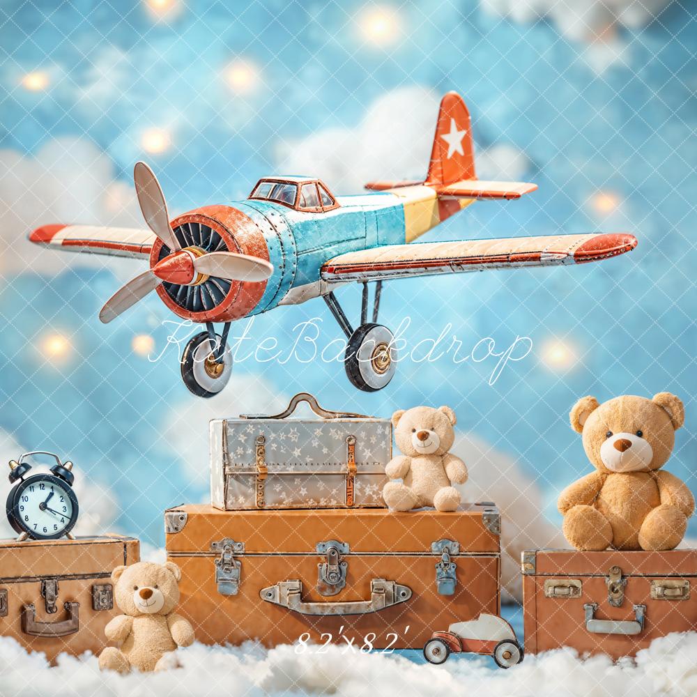 Kate Aeroplane Clouds Teddy Bears Suitcases Backdrop Designed by Emetselch