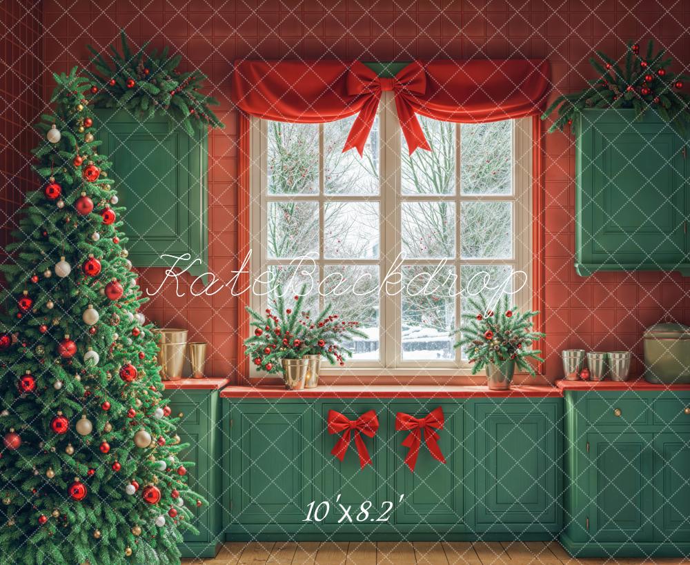 Kate Christmas Tree Window Green Cabinets Backdrop Designed by Emetselch - Kate Backdrop AU