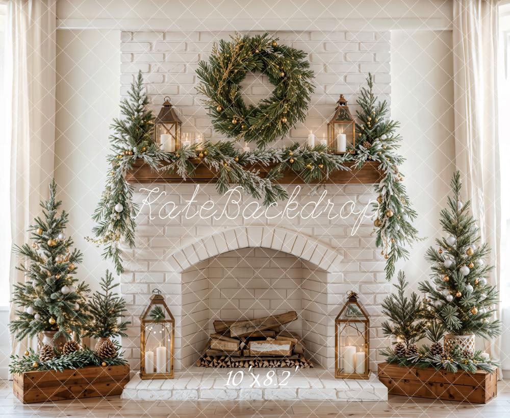 Kate Christmas Fireplace Trees Fleece Backdrop Designed by Emetselch