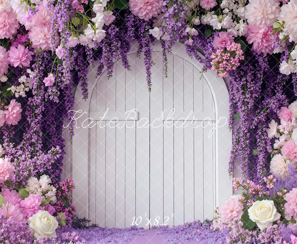 Kate Flower Arch Door Purple Flowers Backdrop Designed by Mini MakeBelieve