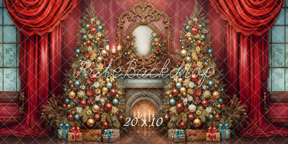 Kate Christmas Tree Fireplace Red Curtains Backdrop Designed by Emetselch - Kate Backdrop AU