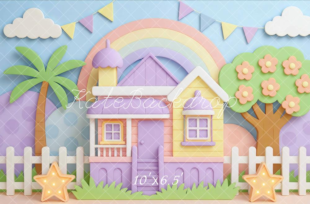 Kate Pastel House Rainbow Palm Tree Backdrop Designed by Mini MakeBelieve - Kate Backdrop AU