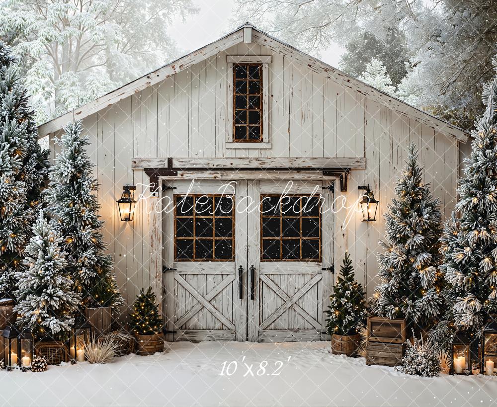 Kate Christmas Snowy Barn Pine Trees Fleece Backdrop Designed by Chain
