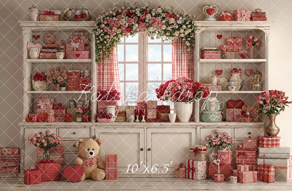 Kate Valentine Roses Teddy Gifts Shelf Fleece Backdrop Designed by Emetselch - Kate Backdrop AU