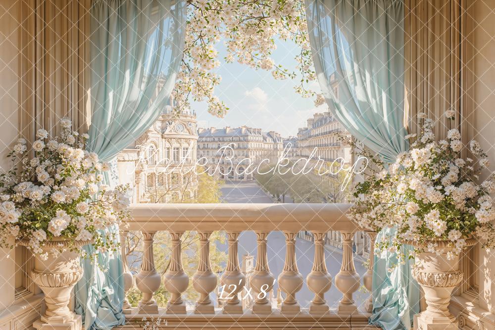 Kate Paris Balcony Blossom Flowers Blue Curtains Backdrop Designed by Emetselch