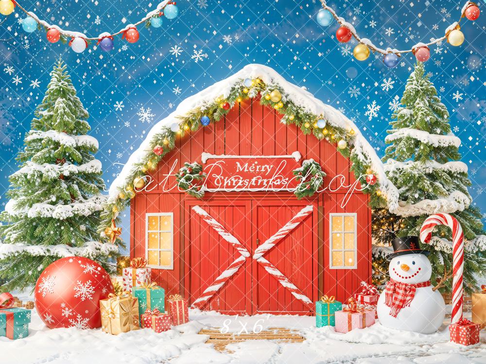 Kate Christmas Red Barn Snowman Presents Trees Backdrop Designed by Chain - Kate Backdrop AU