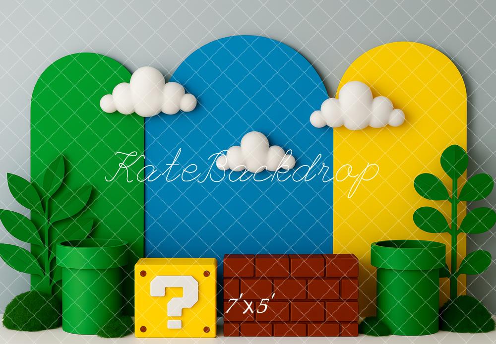 Kate Cartoon Game Pipes Clouds Blocks Backdrop Designed by Patty Roberts
