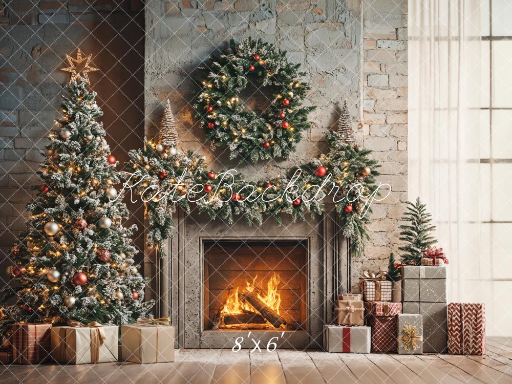 Kate Christmas Tree Fireplace Wreath Presents Backdrop Designed by Emetselch - Kate Backdrop AU