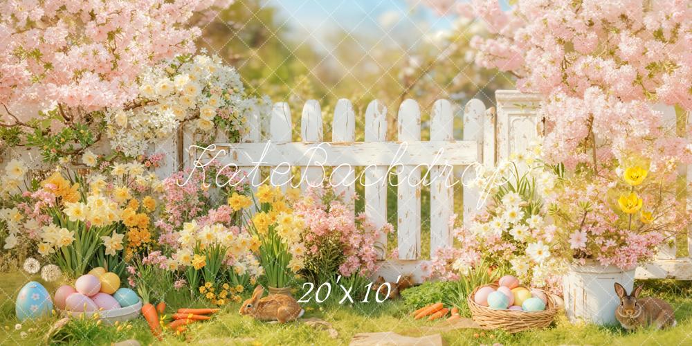 Kate Easter Bunny Flowers White Fence Backdrop Designed by Emetselch
