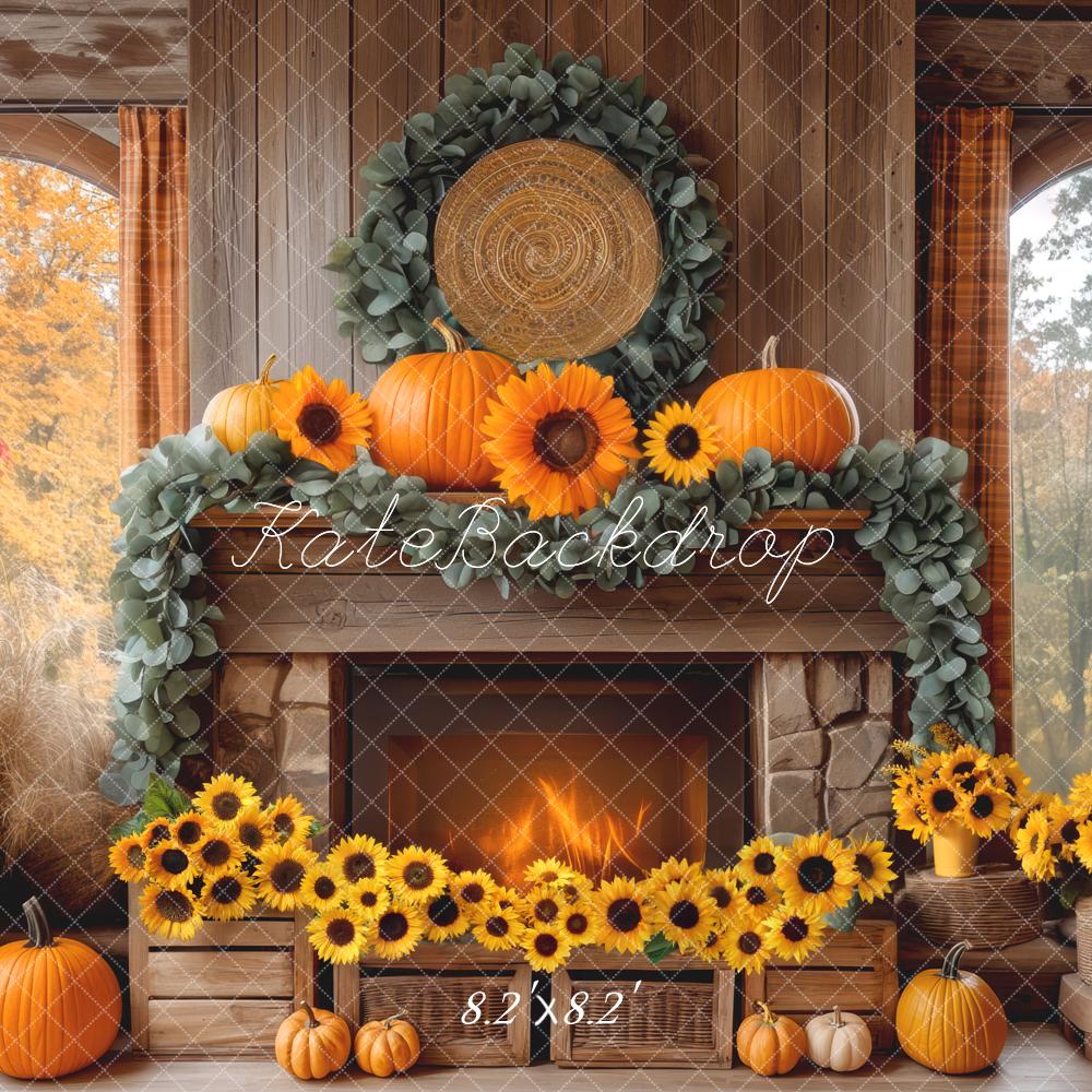 Kate Autumn Fireplace Sunflowers Pumpkins Backdrop Designed by Mini MakeBelieve - Kate Backdrop AU