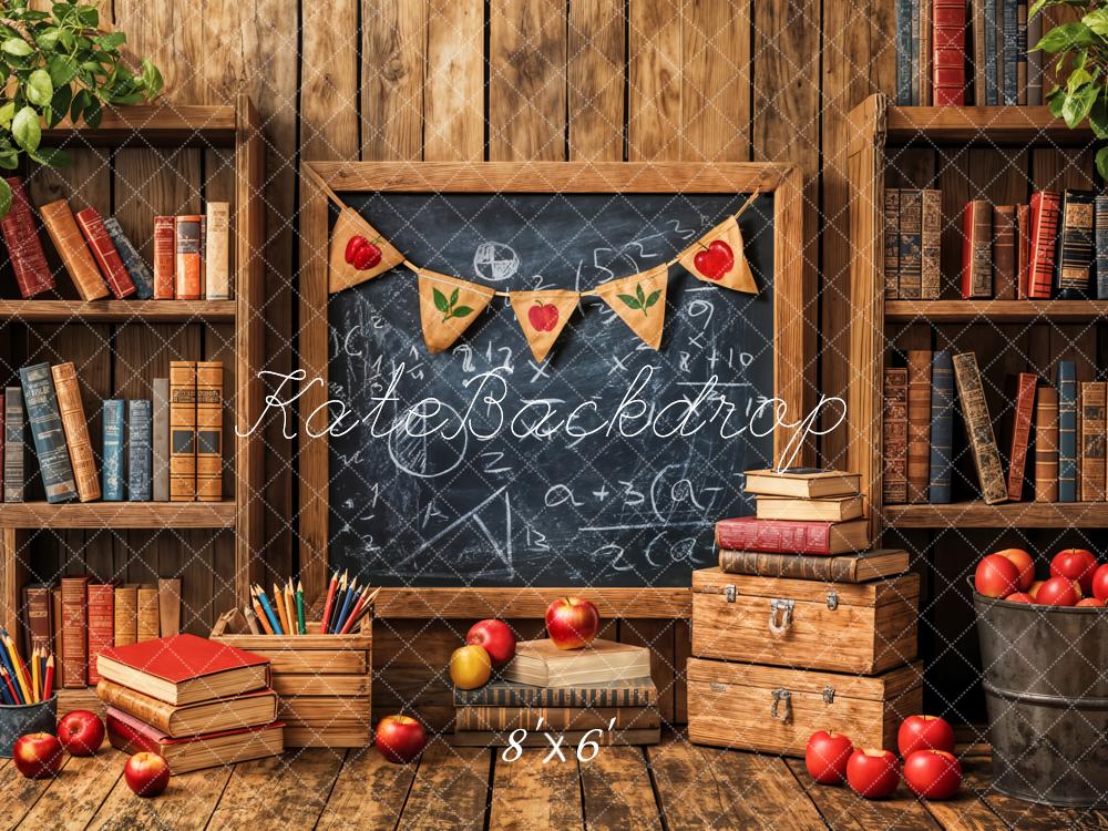 Kate Back to School Blackboard Books Apples Wooden Shelves Backdrop Designed by Emetselch - Kate Backdrop AU