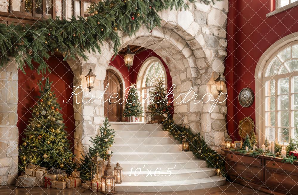 Kate Christmas Cascading Stairs Stone Arch Fleece Backdrop Designed by Emetselch