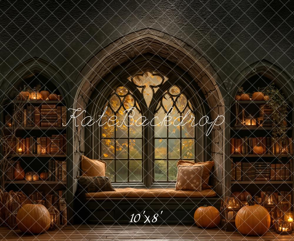 Kate Halloween Arched Window Pumpkins Bookshelves Fleece Backdrop Designed by Emetselch