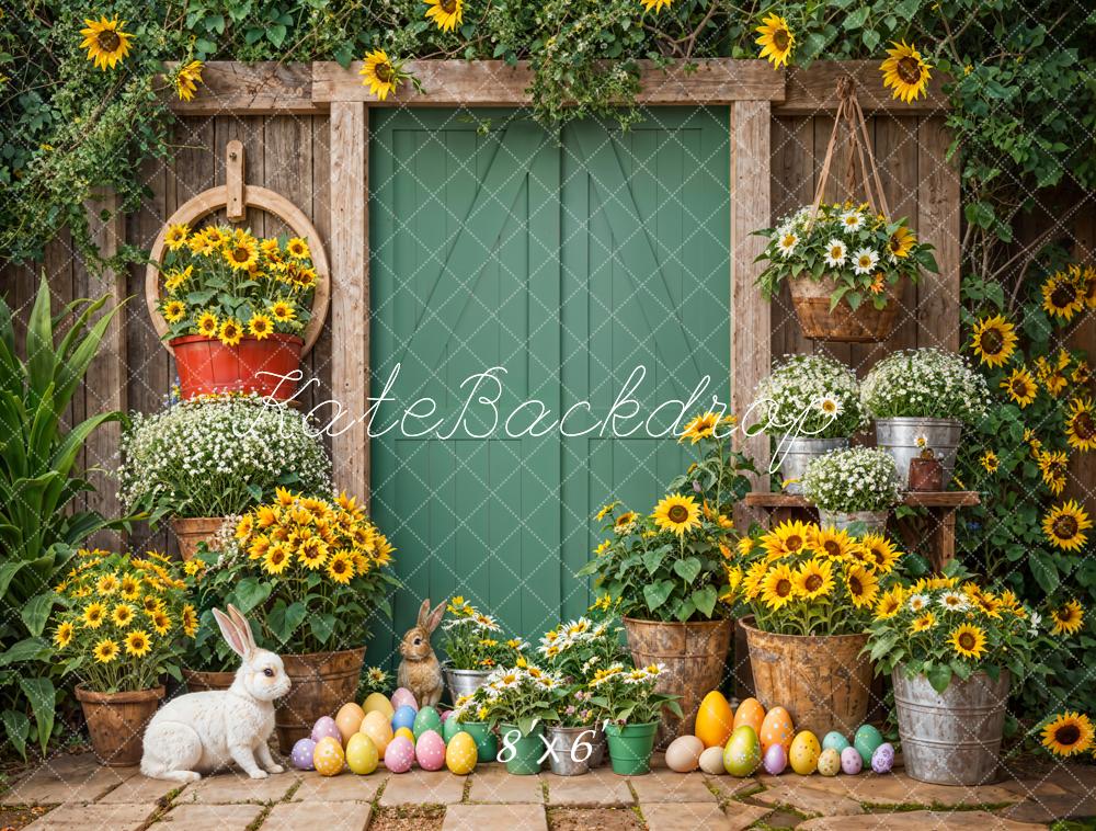 Kate Easter Bunny Sunflowers Rustic Green Door Backdrop Designed by Emetselch