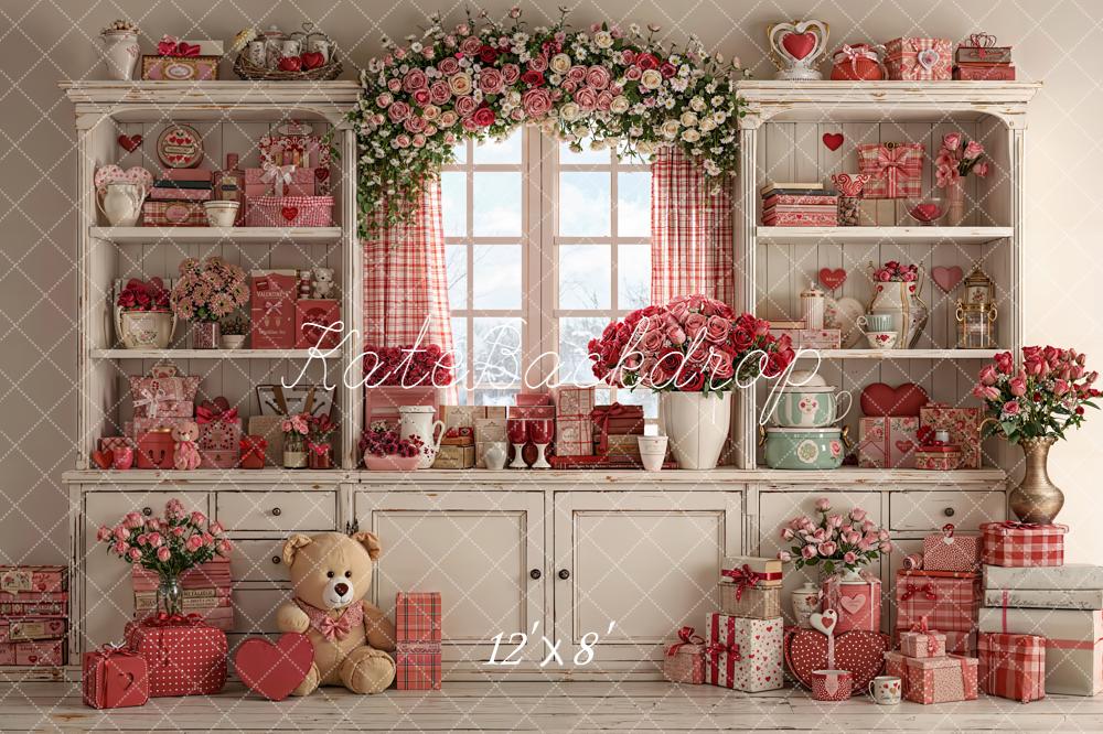 Kate Valentine Roses Teddy Gifts Shelf Fleece Backdrop Designed by Emetselch - Kate Backdrop AU