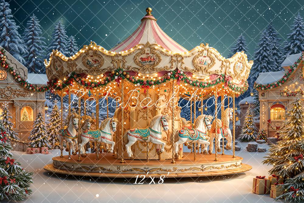 Kate Carousel Christmas Snow Fleece Backdrop Designed by Chain - Kate Backdrop AU