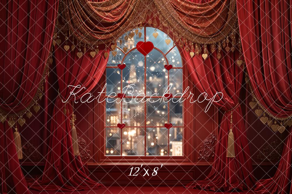 Kate Valentine Heart Window Red Drapes Fleece Backdrop Designed by Emetselch