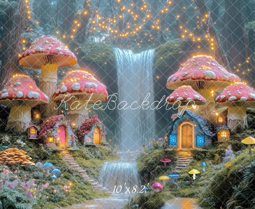 Kate Fairy Mushroom Houses Waterfall Backdrop Spring Designed by Mini MakeBelieve - Kate Backdrop AU