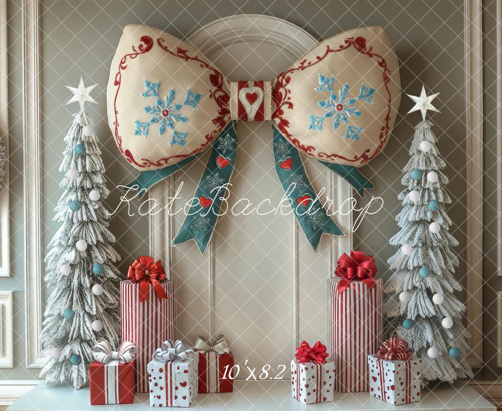Kate Christmas Bow Snowy Trees Backdrop Designed by Mini MakeBelieve - Kate Backdrop AU
