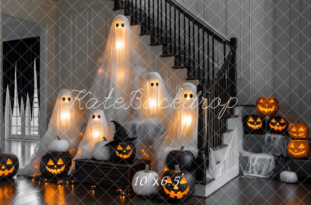15% OFF Kate Halloween Ghosts Pumpkins Cobwebs Stairs Backdrop Designed by Mini MakeBelieve - Kate Backdrop AU