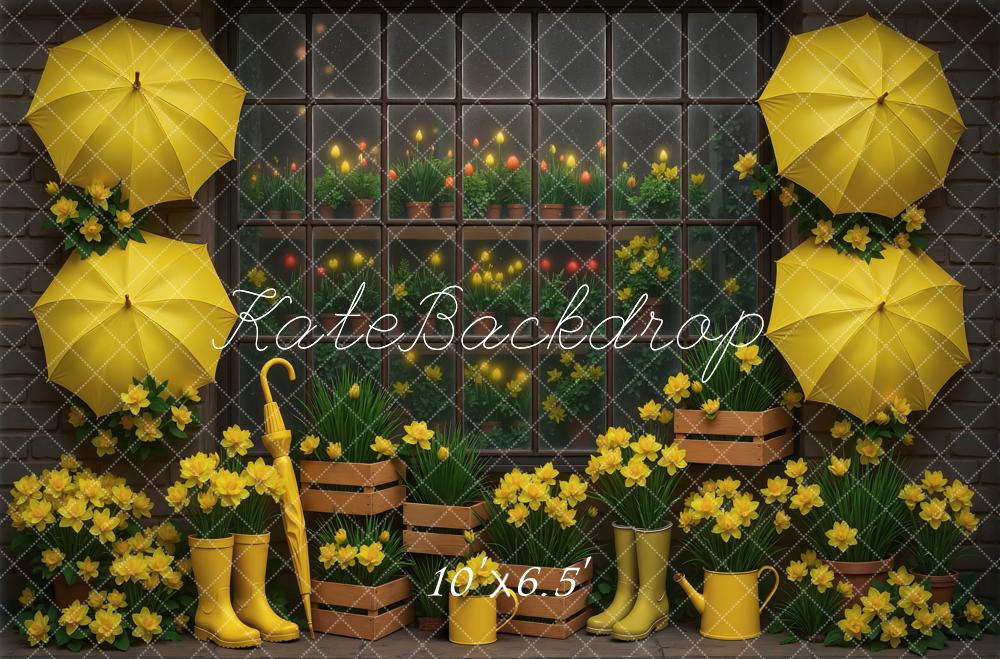 Kate Yellow Umbrellas Daffodils Window Backdrop Designed by Mini MakeBelieve
