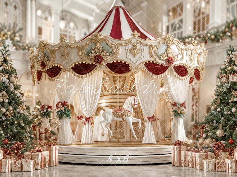 Kate Christmas Carousel Tree Presents Fleece Backdrop Designed by Emetselch